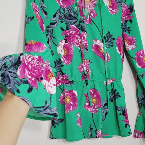 Vero Moda Aqua Green Floral Long Sleeve Peplum Blouse Shirt Top Ruffle Neck XS - Picture 5 of 10